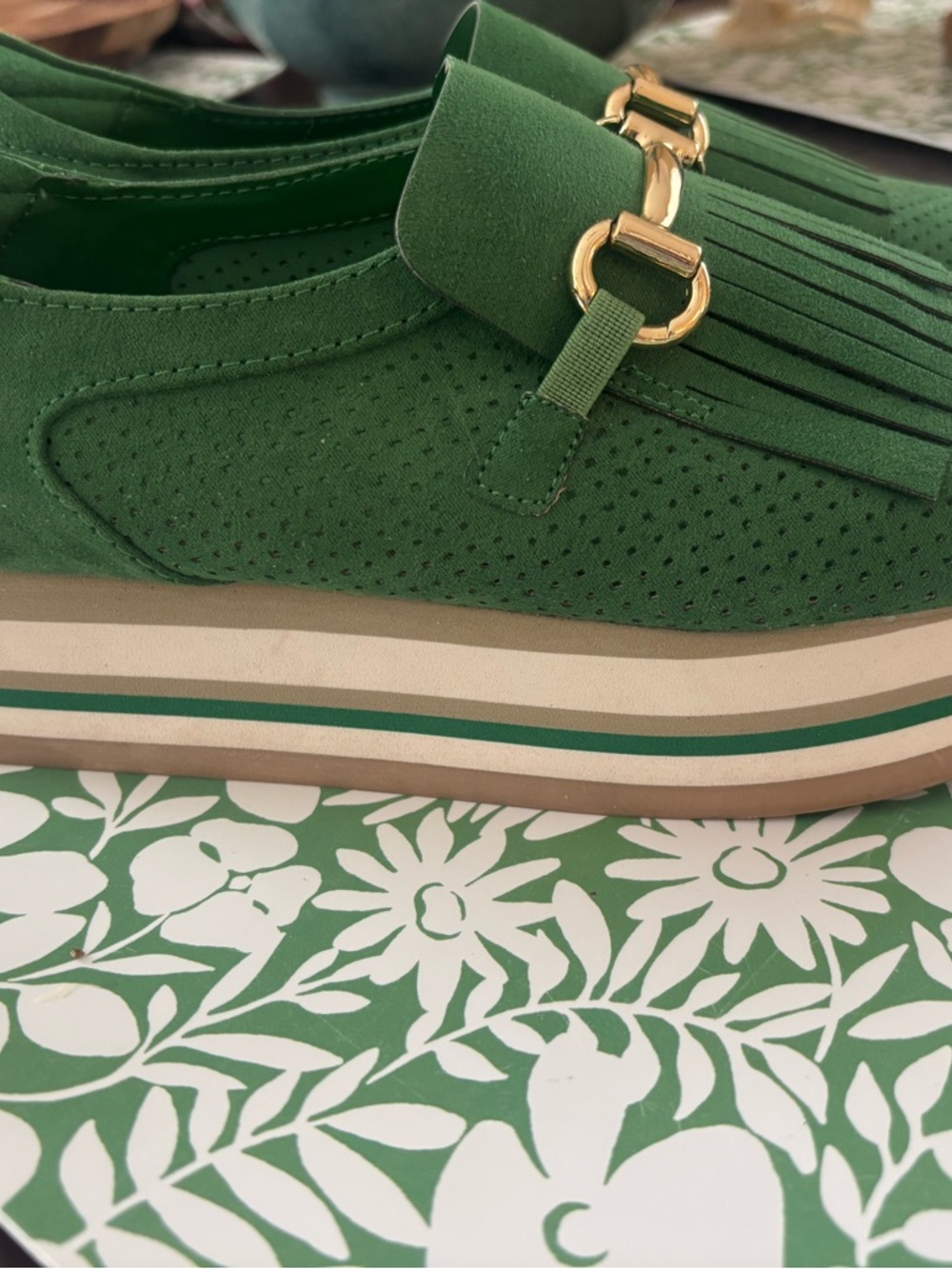 crown & ivy Green Fringe Slip-On Loafer with Gold Buckle